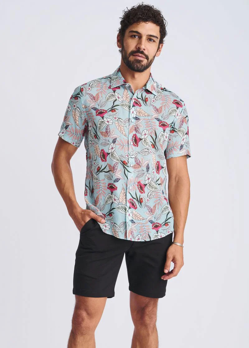 Cloud/Fuchsia Blossoms Printed Lightweight Linen/Tencel Short Sleeve Shirt PM-45038