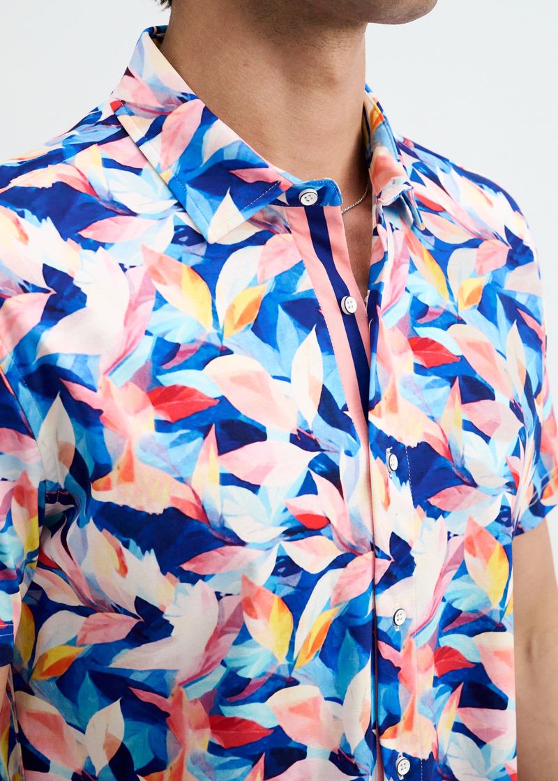 Navy/Blush Leaves Printed Cotton Knit Jersey Short Sleeve Shirt W/Placket Detail St-9357