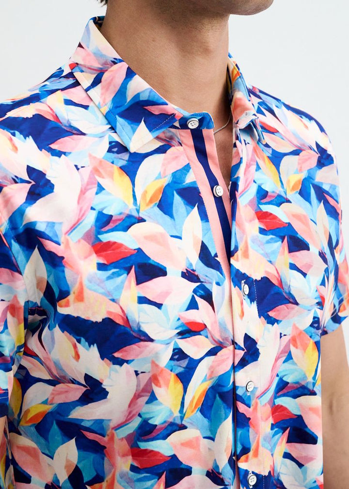 Navy/Blush Leaves Printed Cotton Knit Jersey Short Sleeve Shirt W/Placket Detail St-9357