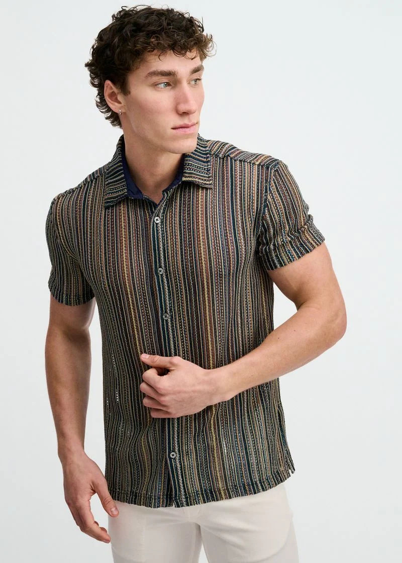 Vertical Stripe Open Knit Stretch Short Sleeve Shirt