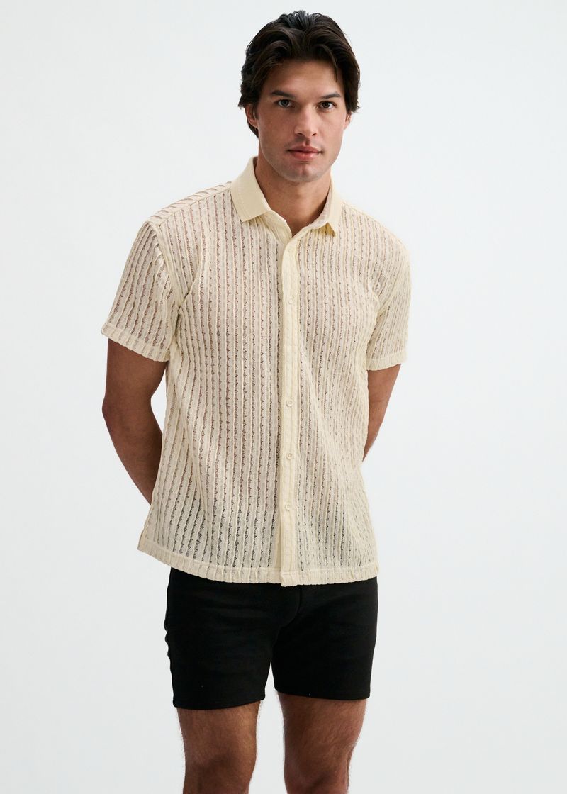 Off White Open Knit Short Sleeve Shirt W/Rib Collar St-24076