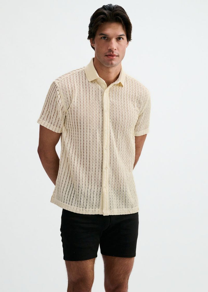 Off White Open Knit Short Sleeve Shirt W/Rib Collar St-24076