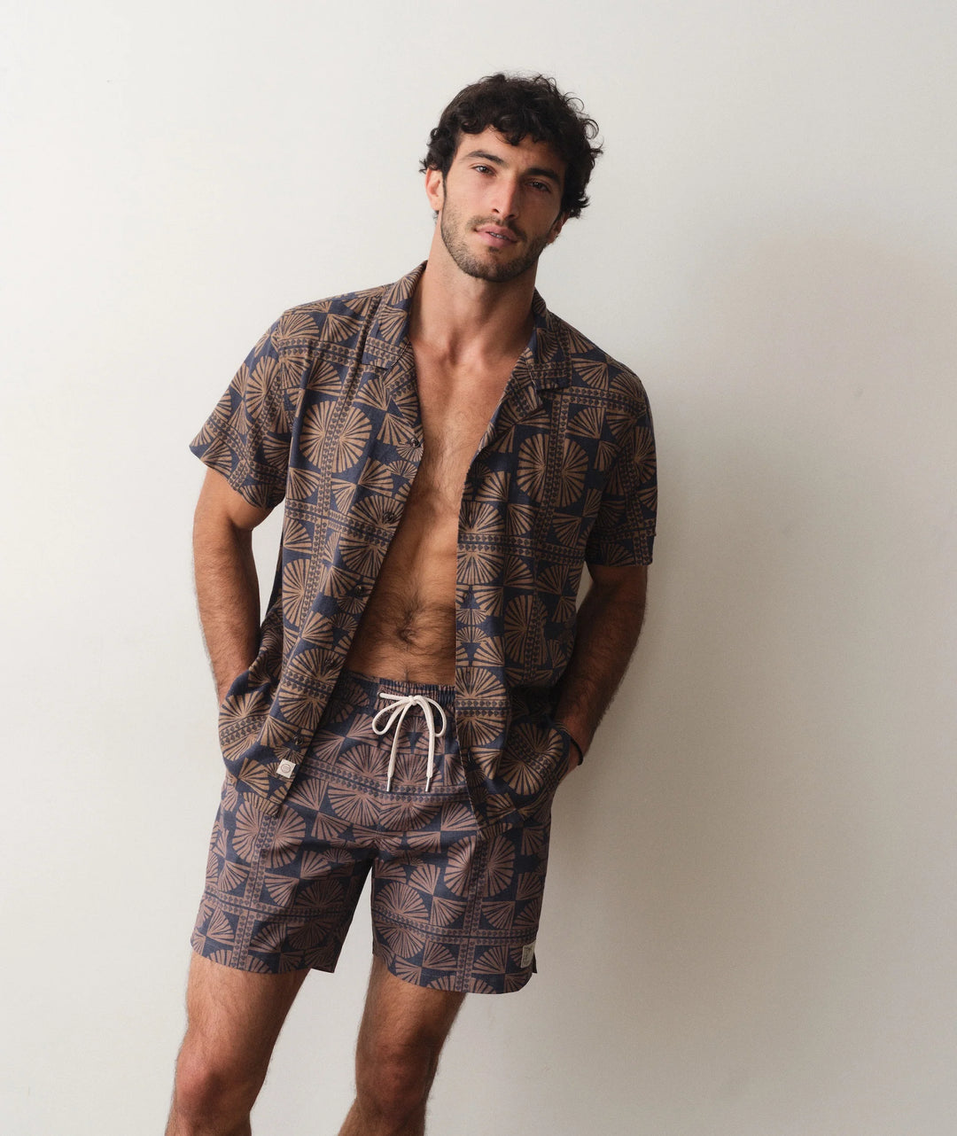 Pablo Tencel Linen Resort Shirt - Brown/Navy Geo Fan Print