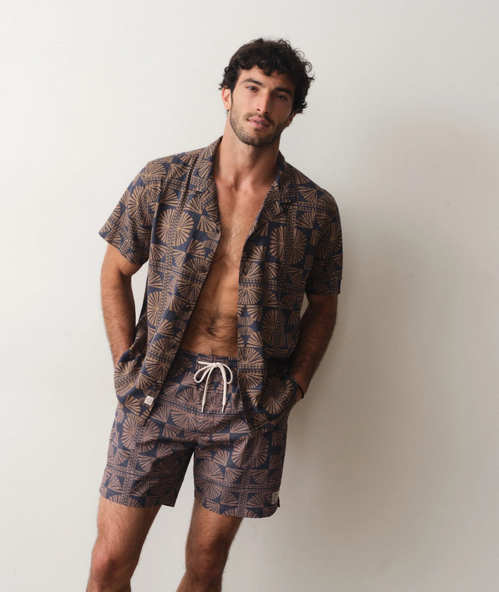Pablo Tencel Linen Resort Shirt - Brown/Navy Geo Fan Print