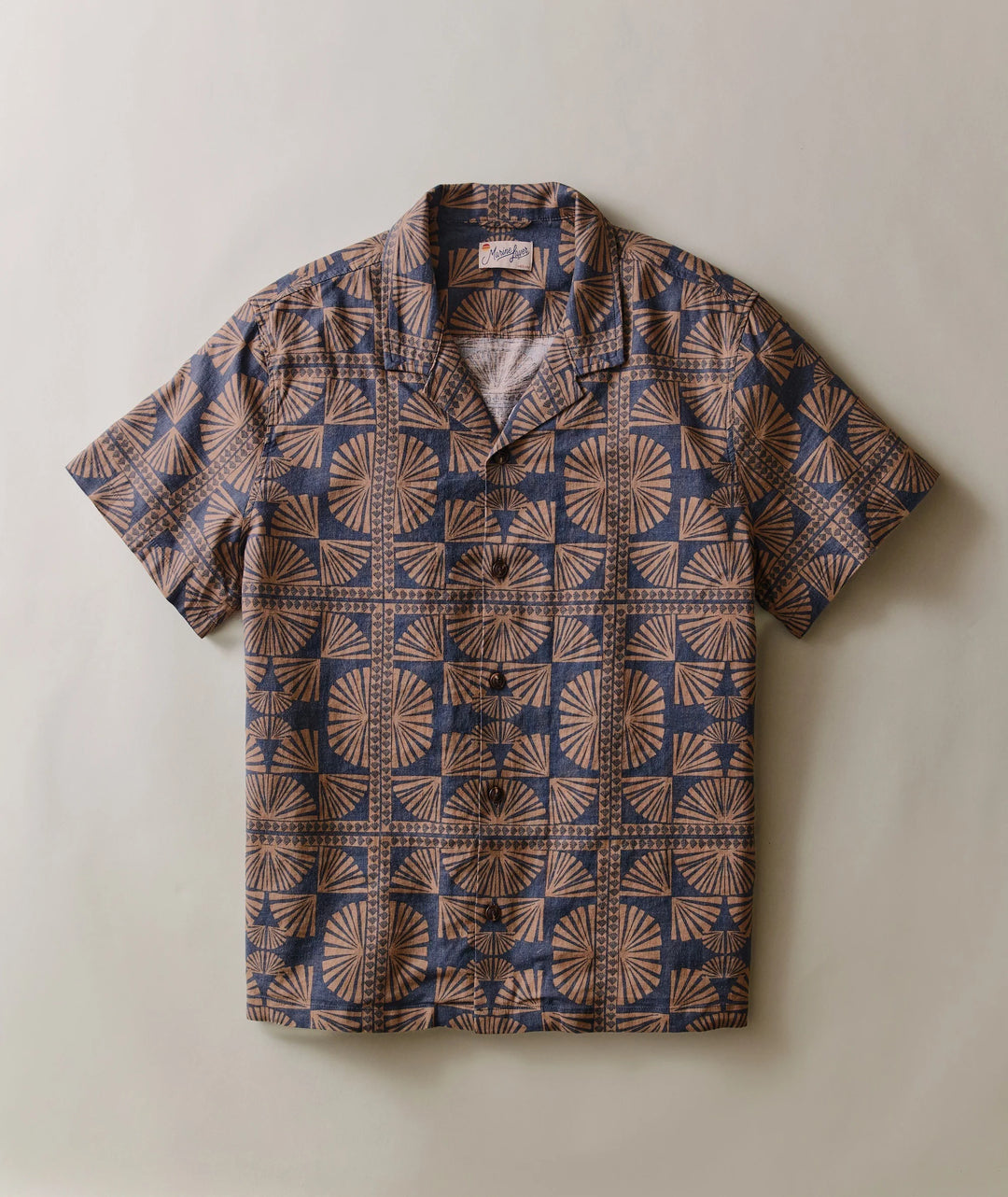 Pablo Tencel Linen Resort Shirt - Brown/Navy Geo Fan Print