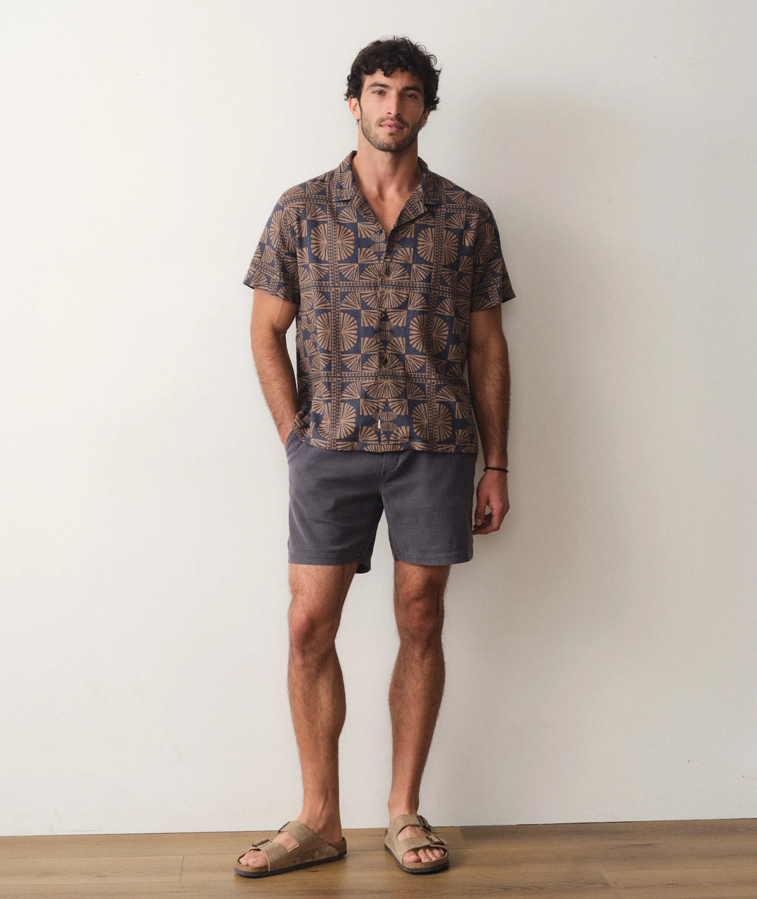 Pablo Tencel Linen Resort Shirt - Brown/Navy Geo Fan Print