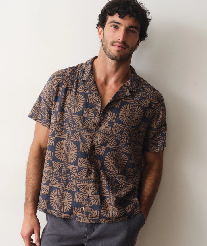 Pablo Tencel Linen Resort Shirt - Brown/Navy Geo Fan Print