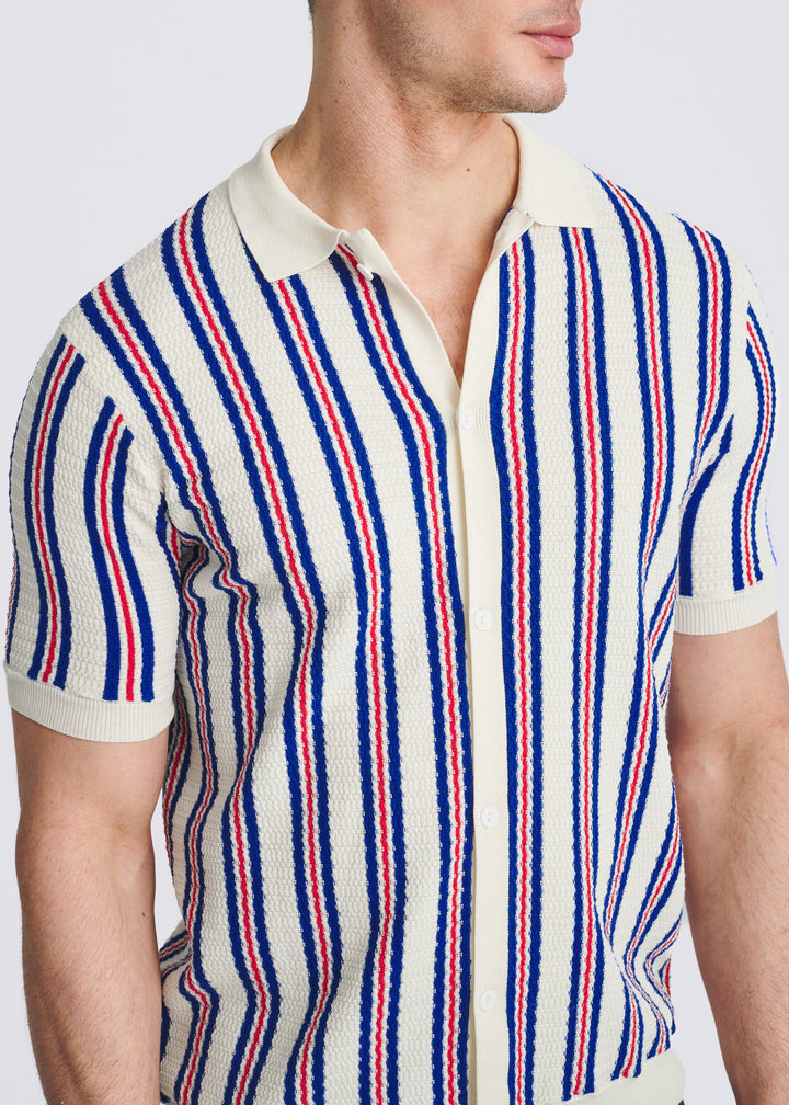 Off White Open Mesh Pinstripes Silk/Tencel Button Front Knit Shirt Pm-16341