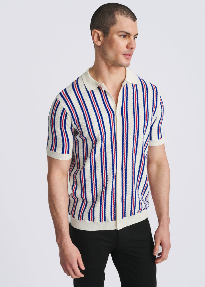 Off White Open Mesh Pinstripes Silk/Tencel Button Front Knit Shirt Pm-16341