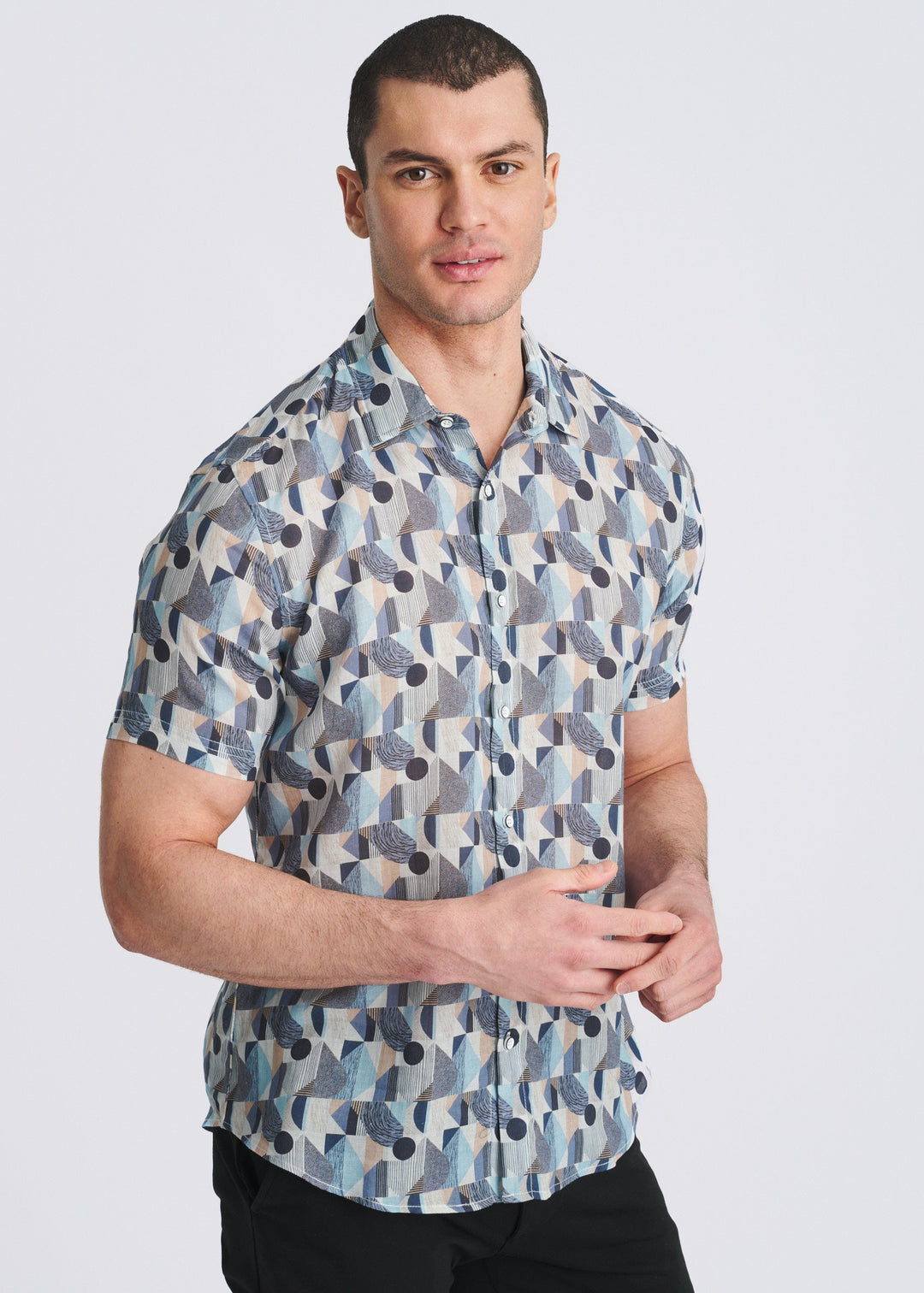 Blue/Navy Blocks Printed Lightweight Linen/Tencel Short Sleeve Shirt Pm-45044