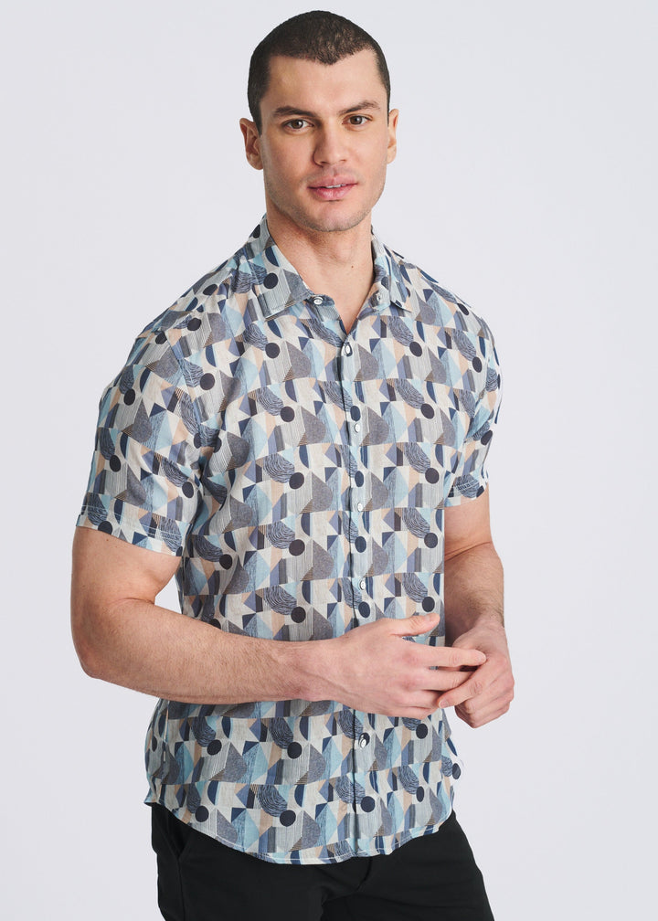 Blue/Navy Blocks Printed Lightweight Linen/Tencel Short Sleeve Shirt Pm-45044