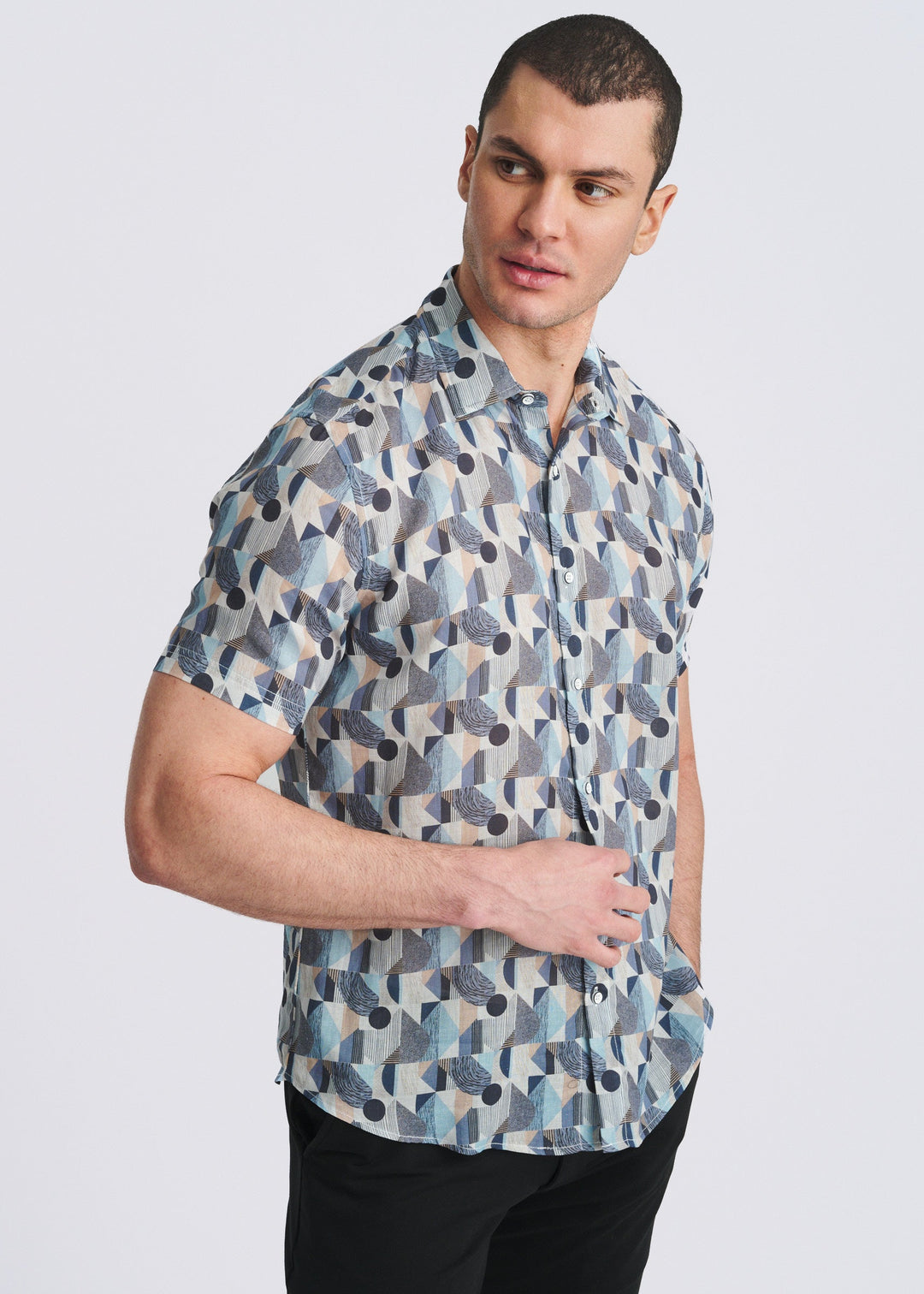 Blue/Navy Blocks Printed Lightweight Linen/Tencel Short Sleeve Shirt Pm-45044