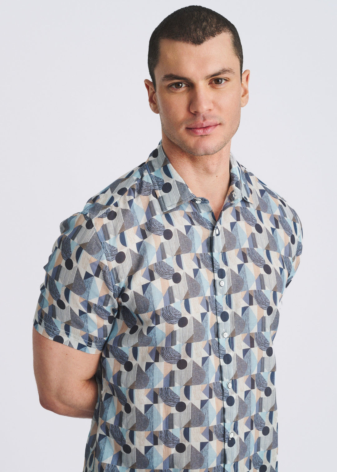 Blue/Navy Blocks Printed Lightweight Linen/Tencel Short Sleeve Shirt Pm-45044