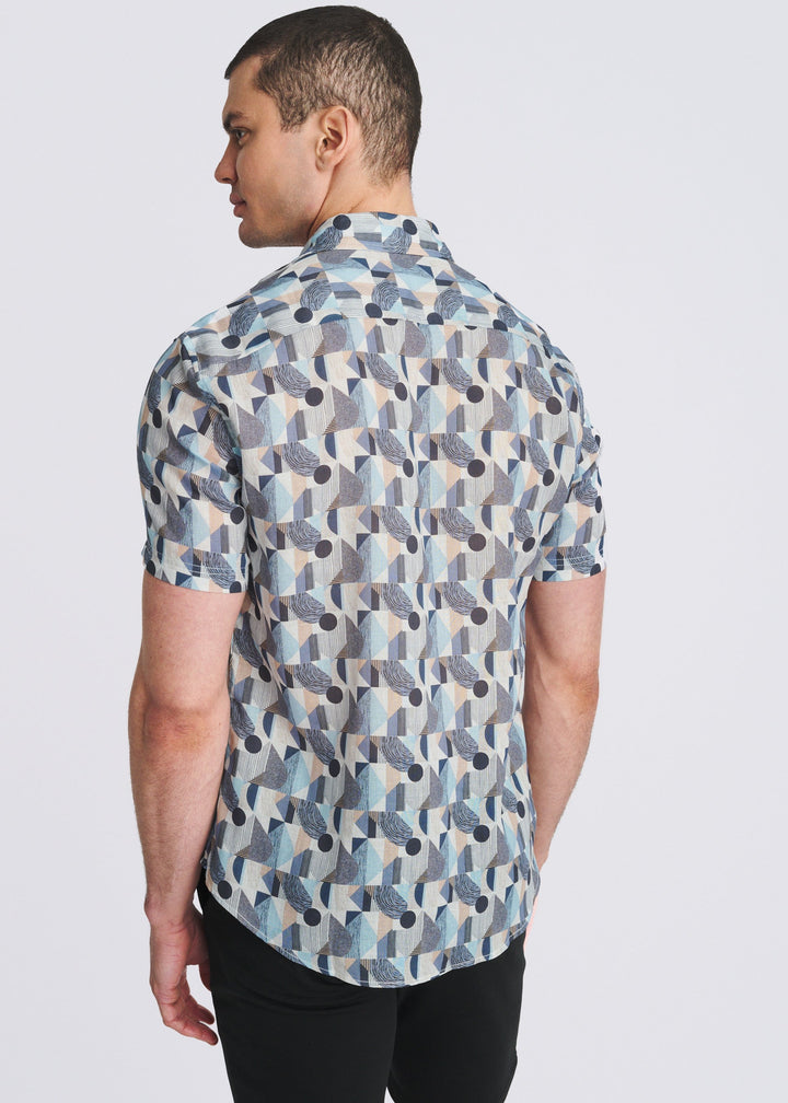 Blue/Navy Blocks Printed Lightweight Linen/Tencel Short Sleeve Shirt Pm-45044