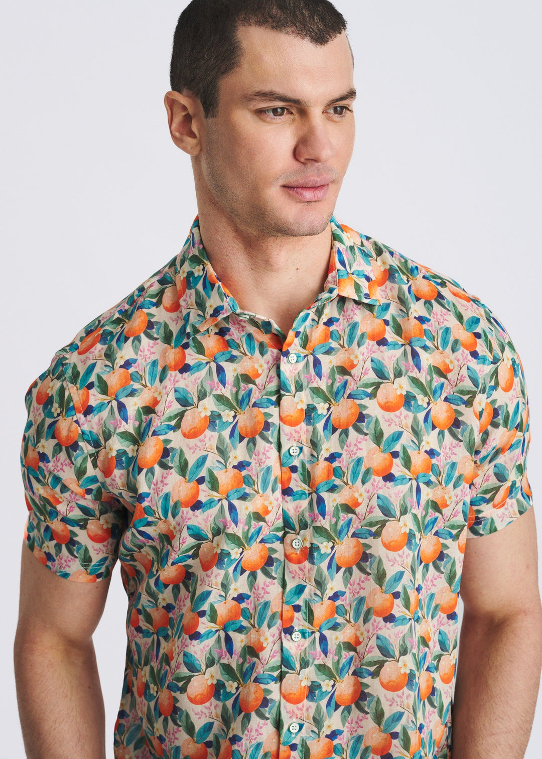 Orange/Tealfruits Printed Lightweight Linen/Tencel Short Sleeve Shirt Pm-45045