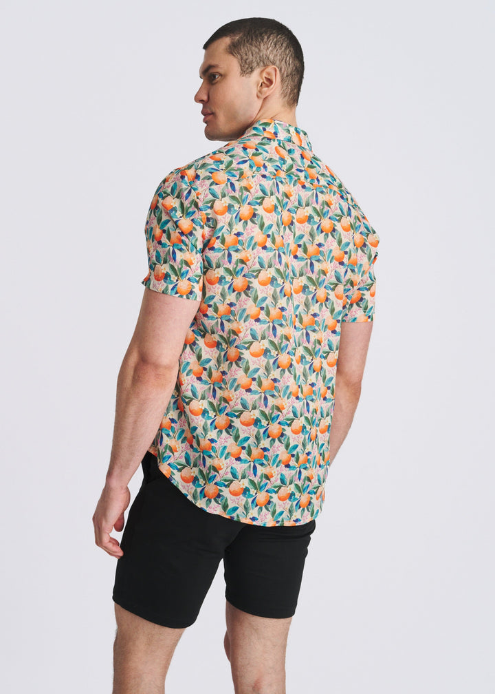 Orange/Tealfruits Printed Lightweight Linen/Tencel Short Sleeve Shirt Pm-45045