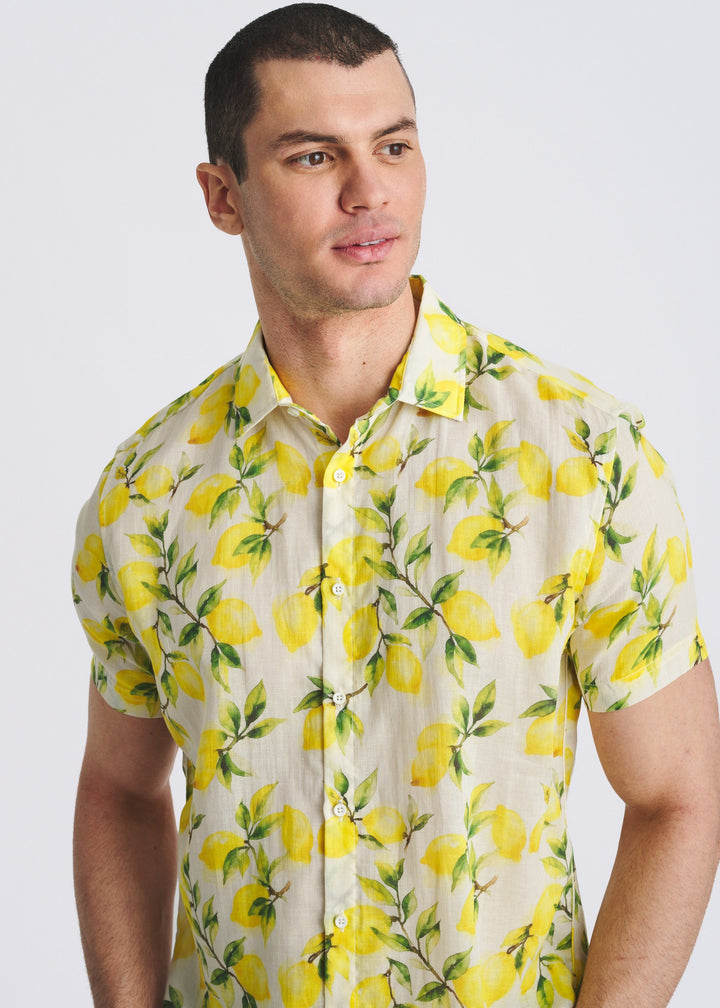 Ecru/Lemons Printed Lightweight Linen/Tencel Short Sleeve Shirt Pm-45046