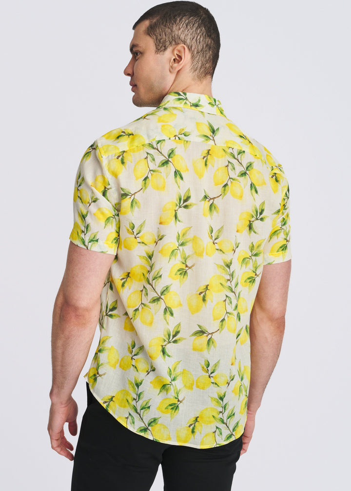 Ecru/Lemons Printed Lightweight Linen/Tencel Short Sleeve Shirt Pm-45046