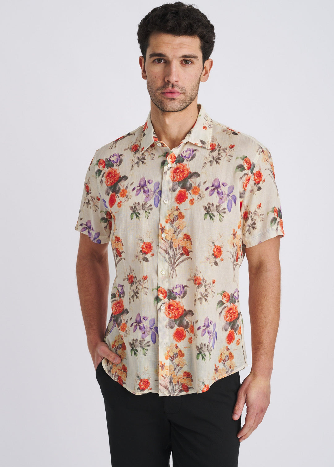 Persimmon/Purple Floral Printed Lightweight Linen/Tencel Short Sleeve Shirt Pm-45049
