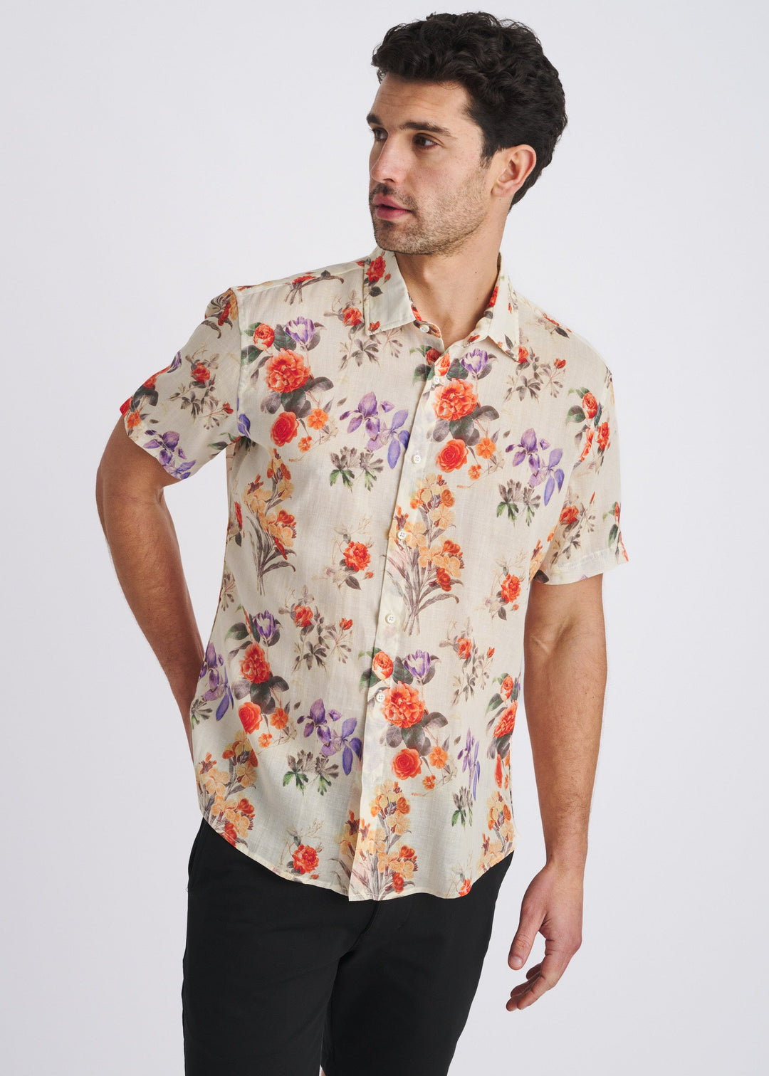 Persimmon/Purple Floral Printed Lightweight Linen/Tencel Short Sleeve Shirt Pm-45049