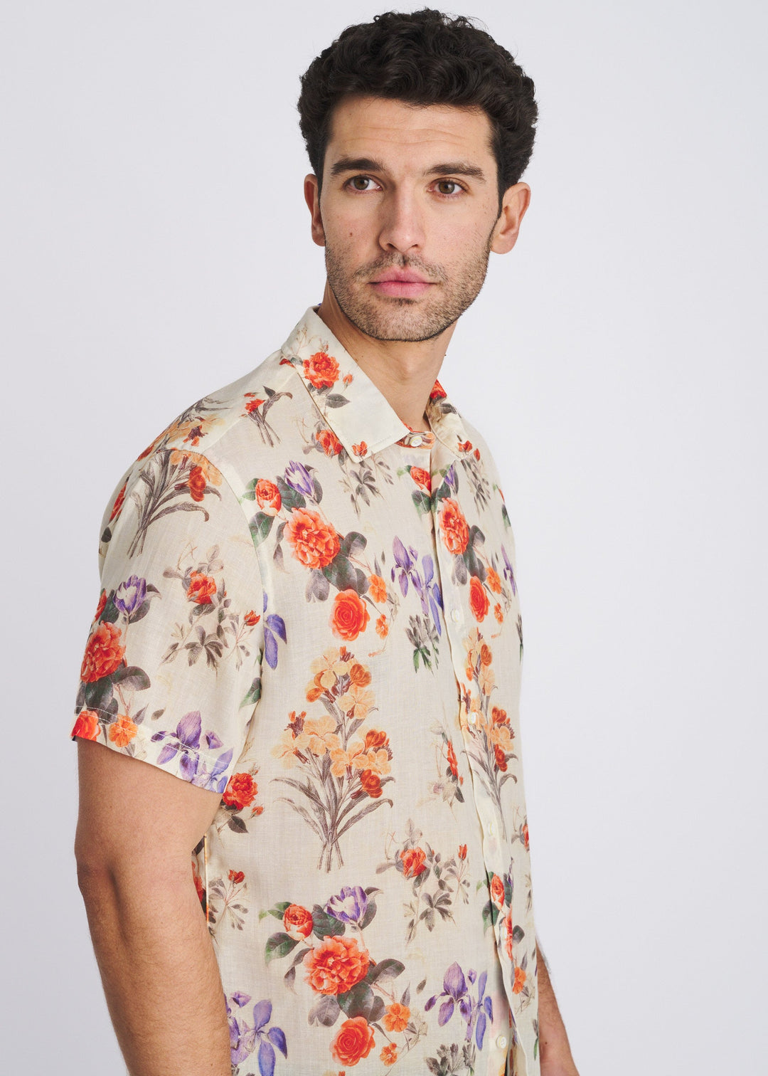 Persimmon/Purple Floral Printed Lightweight Linen/Tencel Short Sleeve Shirt Pm-45049