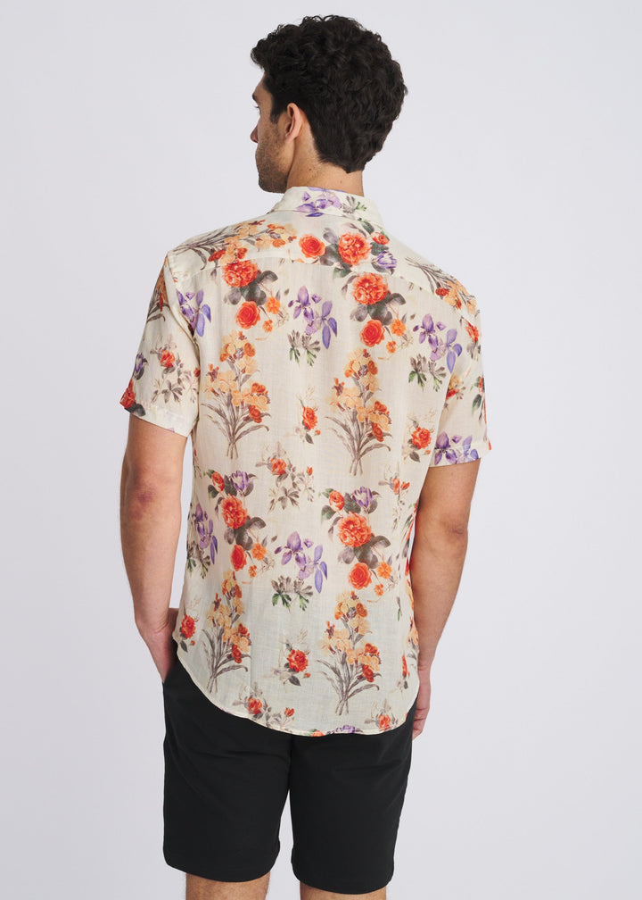 Persimmon/Purple Floral Printed Lightweight Linen/Tencel Short Sleeve Shirt Pm-45049