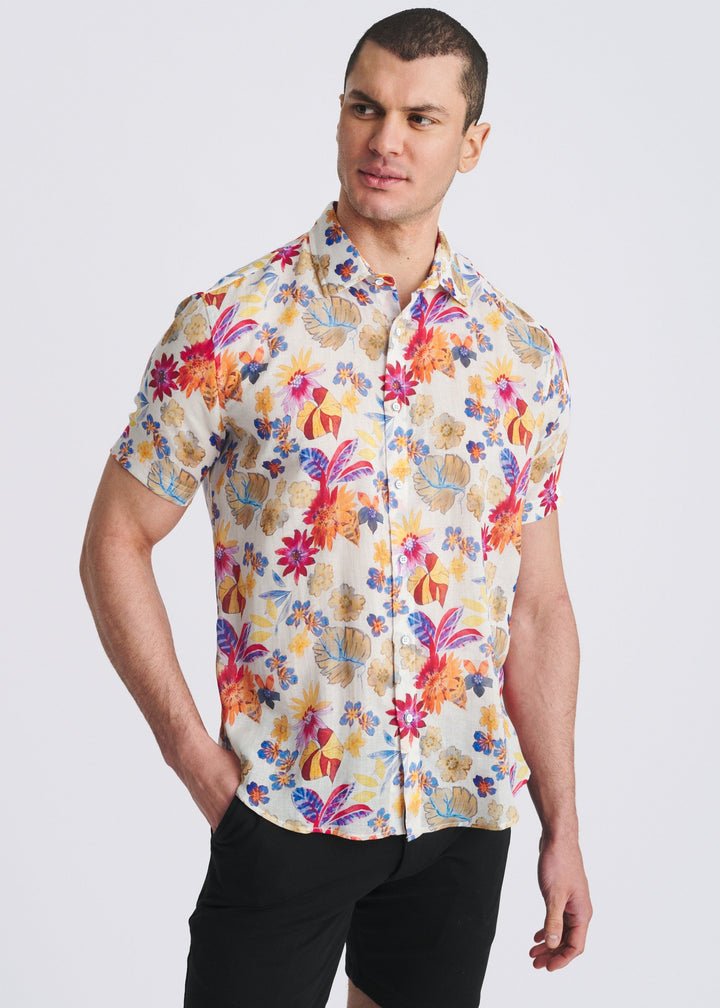 Merlot/Amber Floral Printed Lightweight Linen/Tencel Short Sleeve Shirt Pm-45050