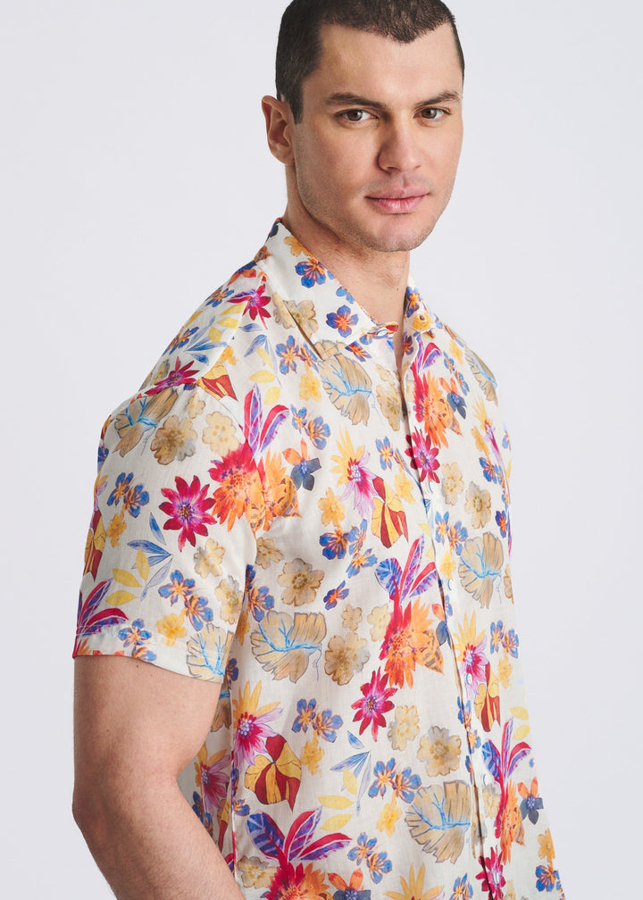 Merlot/Amber Floral Printed Lightweight Linen/Tencel Short Sleeve Shirt Pm-45050