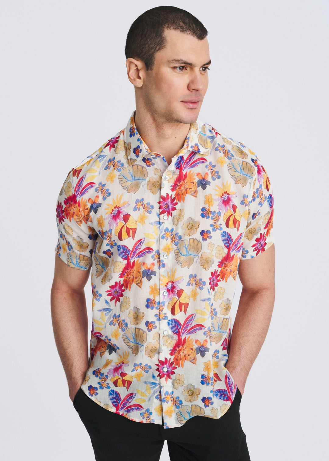 Merlot/Amber Floral Printed Lightweight Linen/Tencel Short Sleeve Shirt Pm-45050