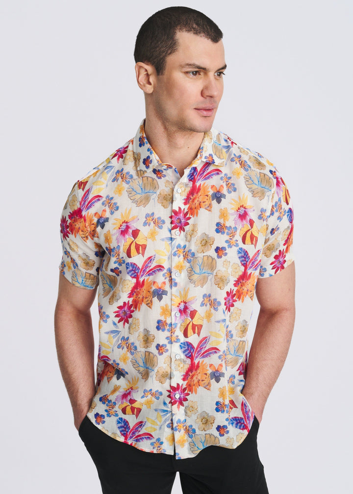 Merlot/Amber Floral Printed Lightweight Linen/Tencel Short Sleeve Shirt Pm-45050
