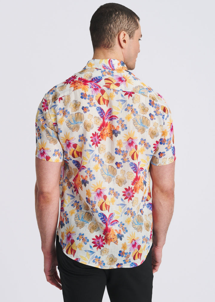 Merlot/Amber Floral Printed Lightweight Linen/Tencel Short Sleeve Shirt Pm-45050