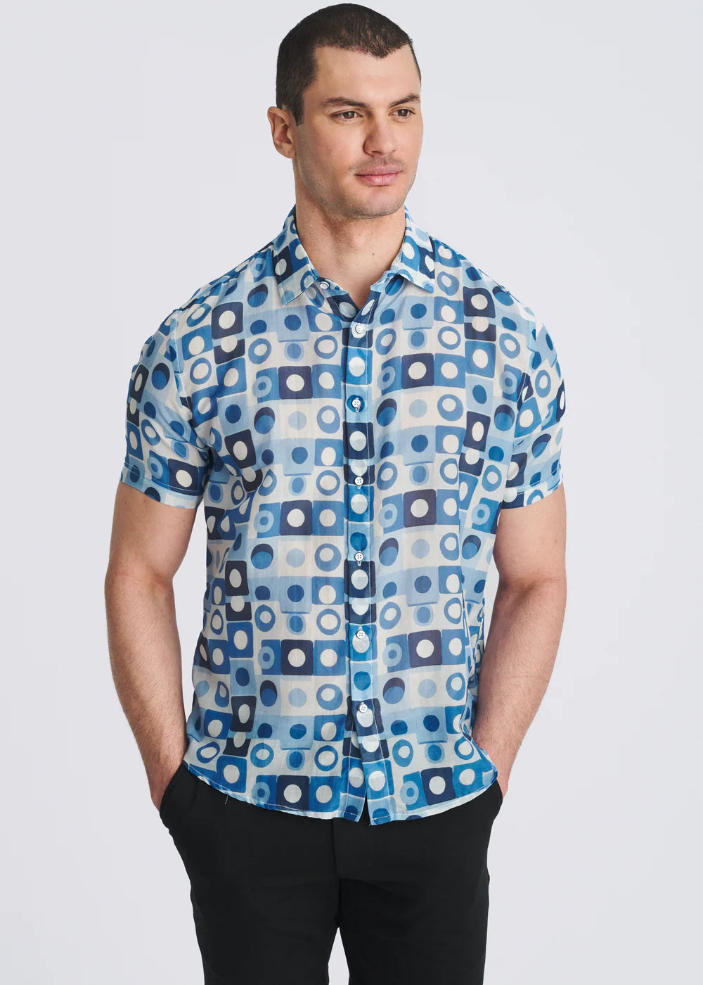 Navy/Slate Squares Printed Lightweight Cotton/Silk Short Sleeve Shirt Pm-46052