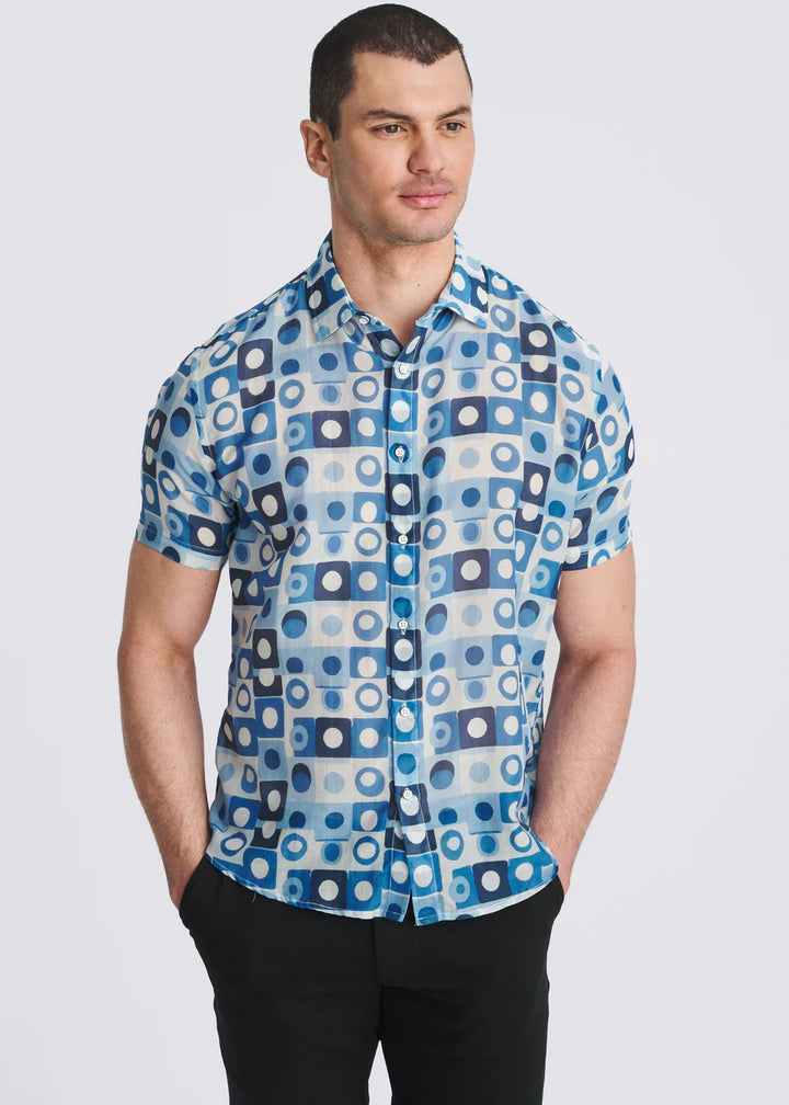 Navy/Slate Squares Printed Lightweight Cotton/Silk Short Sleeve Shirt Pm-46052