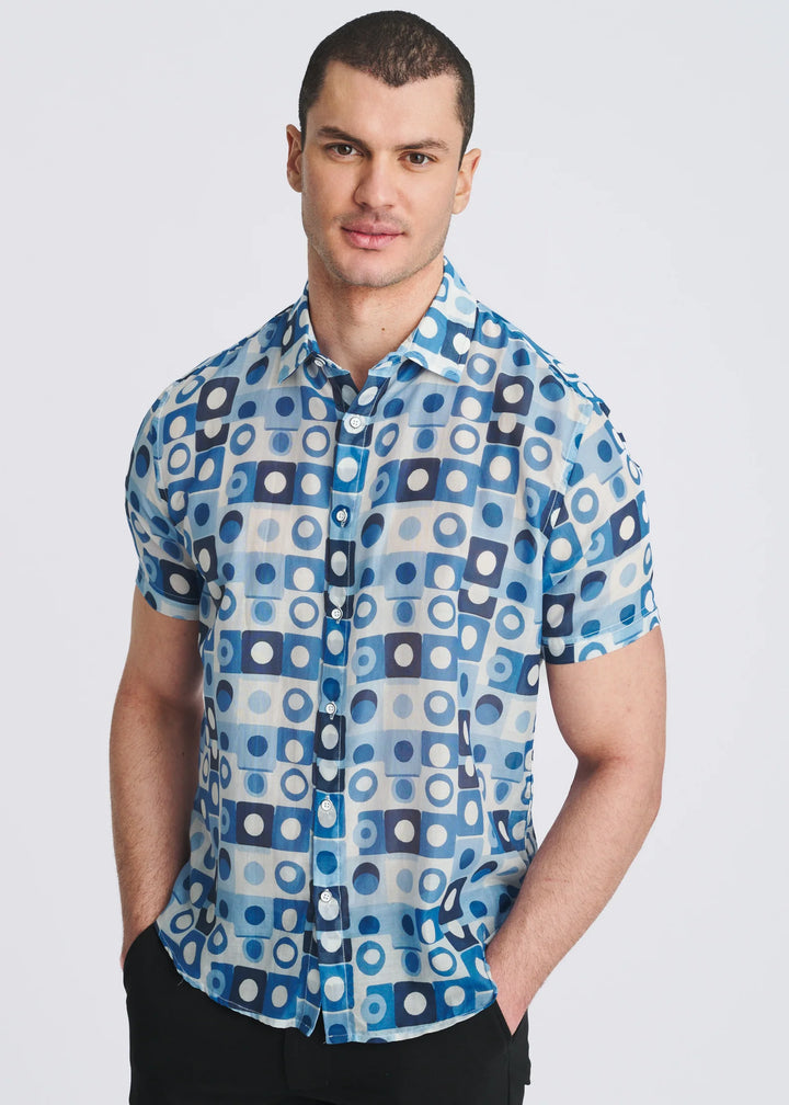 Navy/Slate Squares Printed Lightweight Cotton/Silk Short Sleeve Shirt Pm-46052