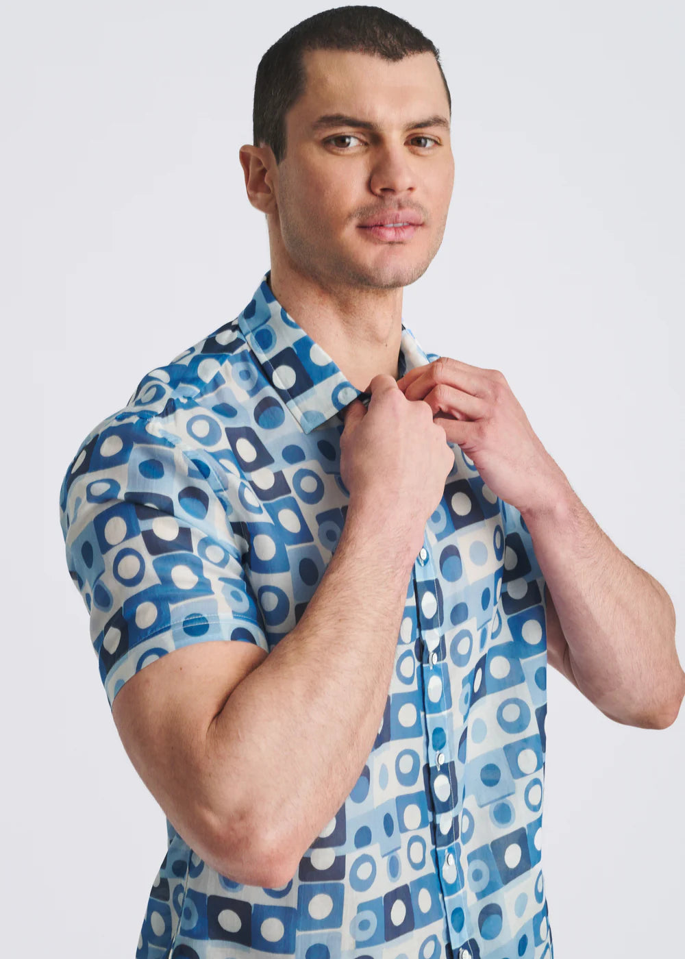 Navy/Slate Squares Printed Lightweight Cotton/Silk Short Sleeve Shirt Pm-46052