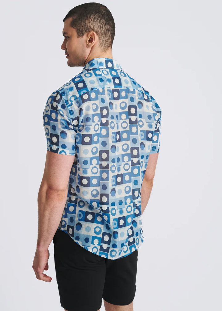 Navy/Slate Squares Printed Lightweight Cotton/Silk Short Sleeve Shirt Pm-46052