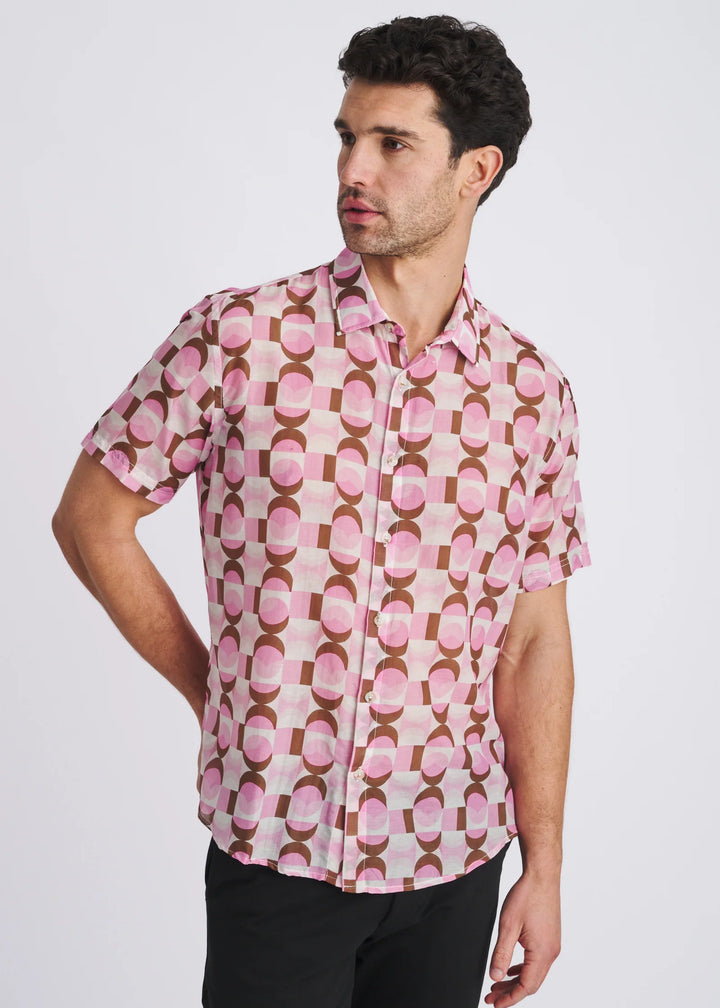 Pink/Olive Retro Printed Lightweight Cotton/Silk Short Sleeve Shirt Pm-46053