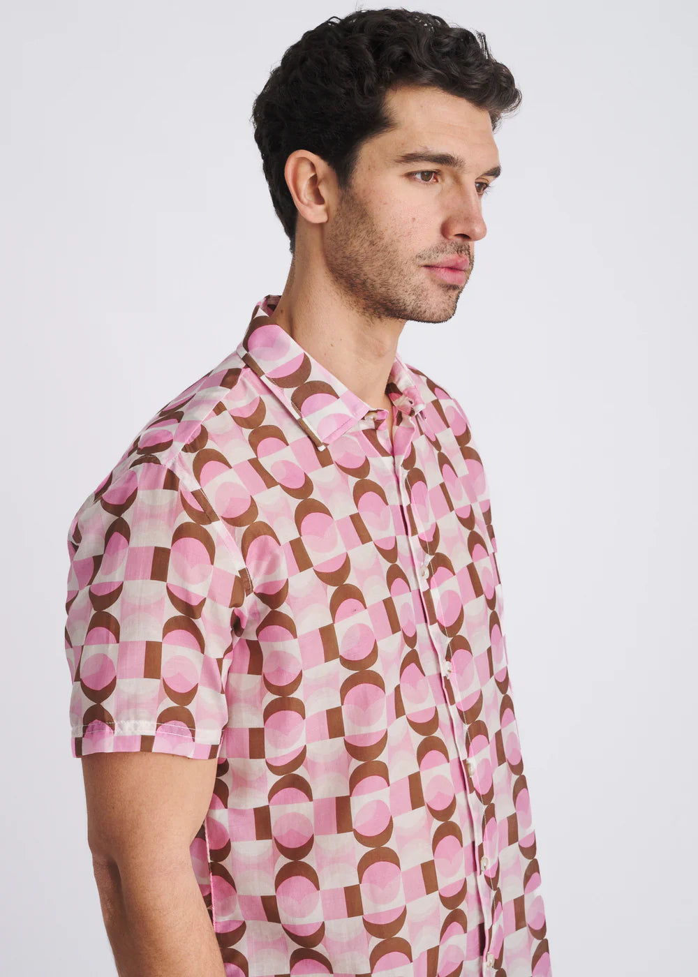 Pink/Olive Retro Printed Lightweight Cotton/Silk Short Sleeve Shirt Pm-46053