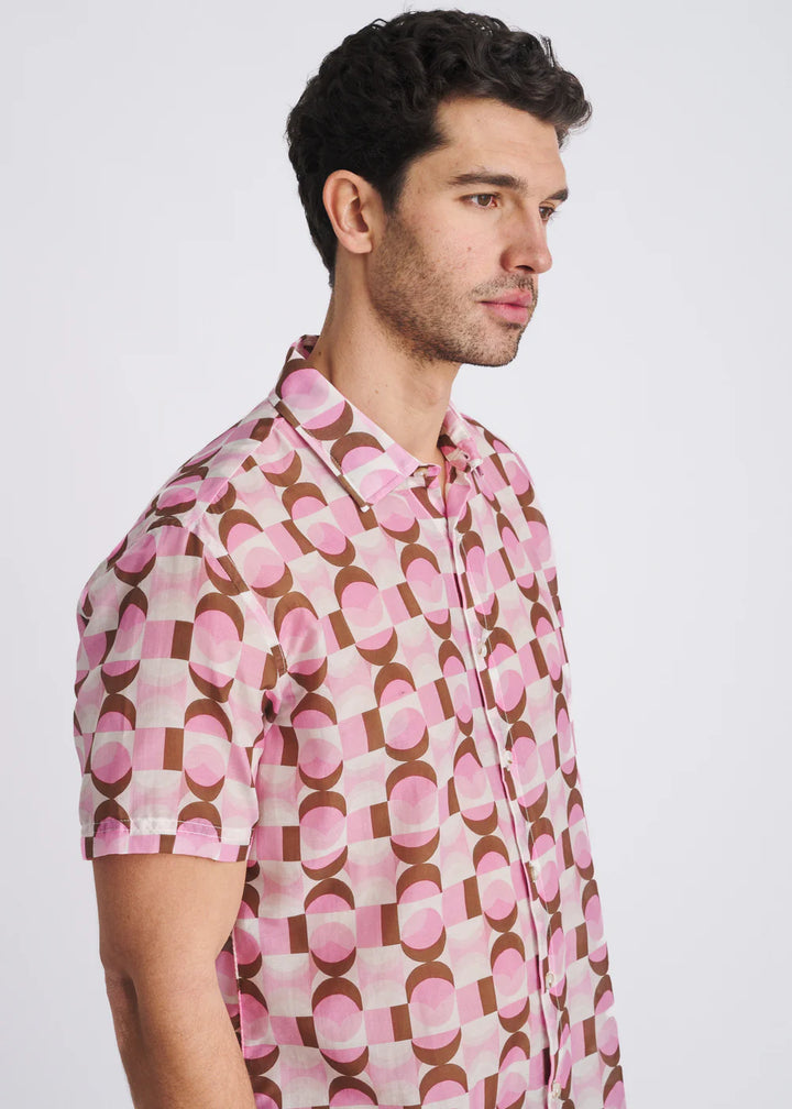 Pink/Olive Retro Printed Lightweight Cotton/Silk Short Sleeve Shirt Pm-46053