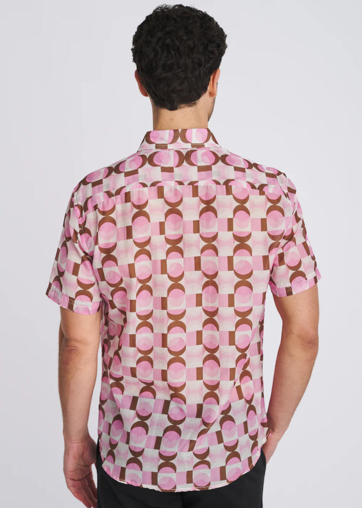 Pink/Olive Retro Printed Lightweight Cotton/Silk Short Sleeve Shirt Pm-46053