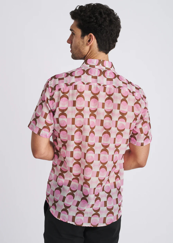 Pink/Olive Retro Printed Lightweight Cotton/Silk Short Sleeve Shirt Pm-46053