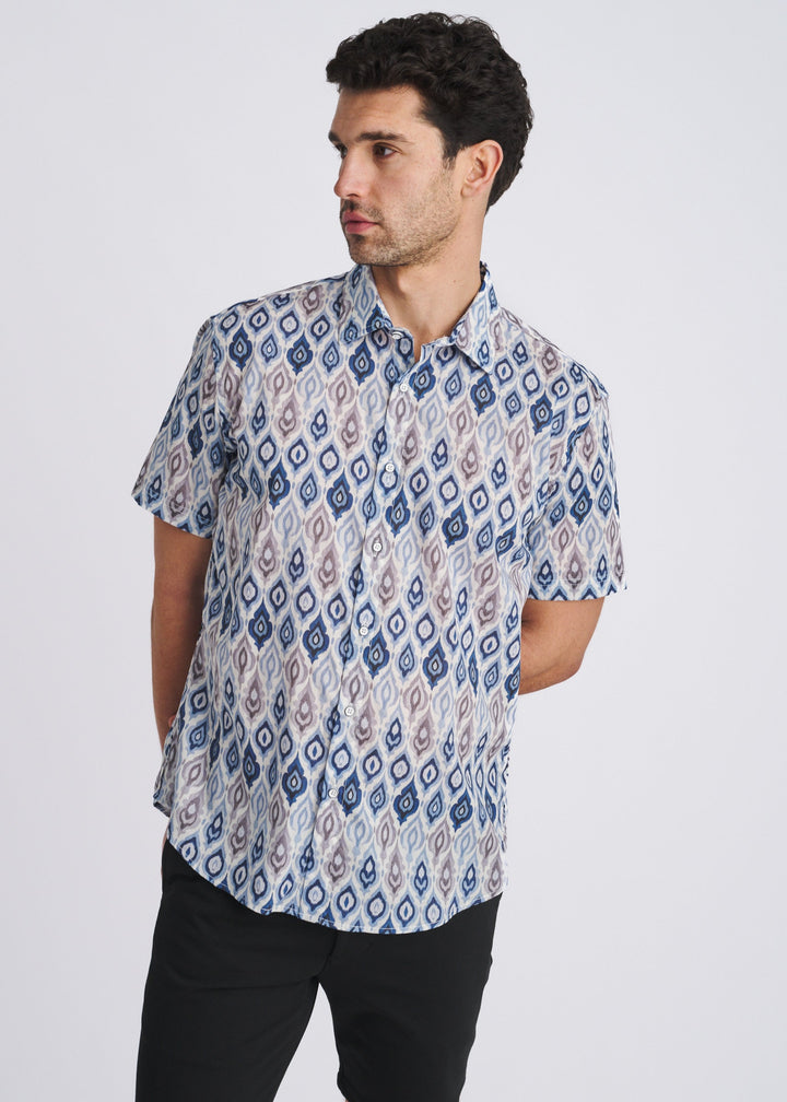 Marina/Cloud Flame Printed Lightweight Cotton/Tencel Short Sleeve Woven Shirt Pm-47056