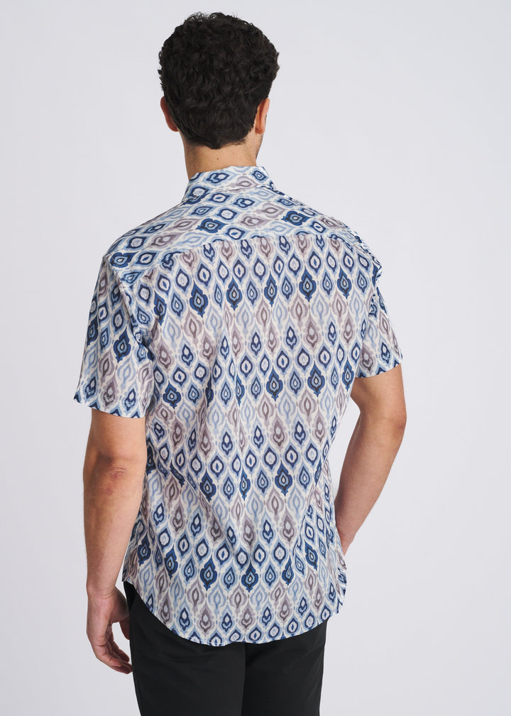 Marina/Cloud Flame Printed Lightweight Cotton/Tencel Short Sleeve Woven Shirt Pm-47056