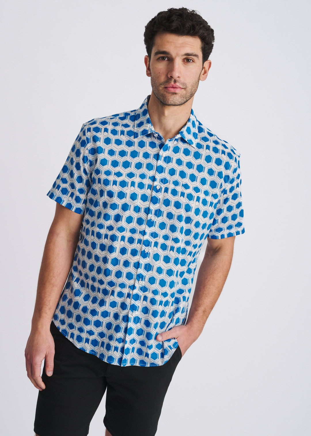 Cobalt/Sky Hex Printed Lightweight Cotton/Tencel Short Sleeve Woven Shirt Pm-47059