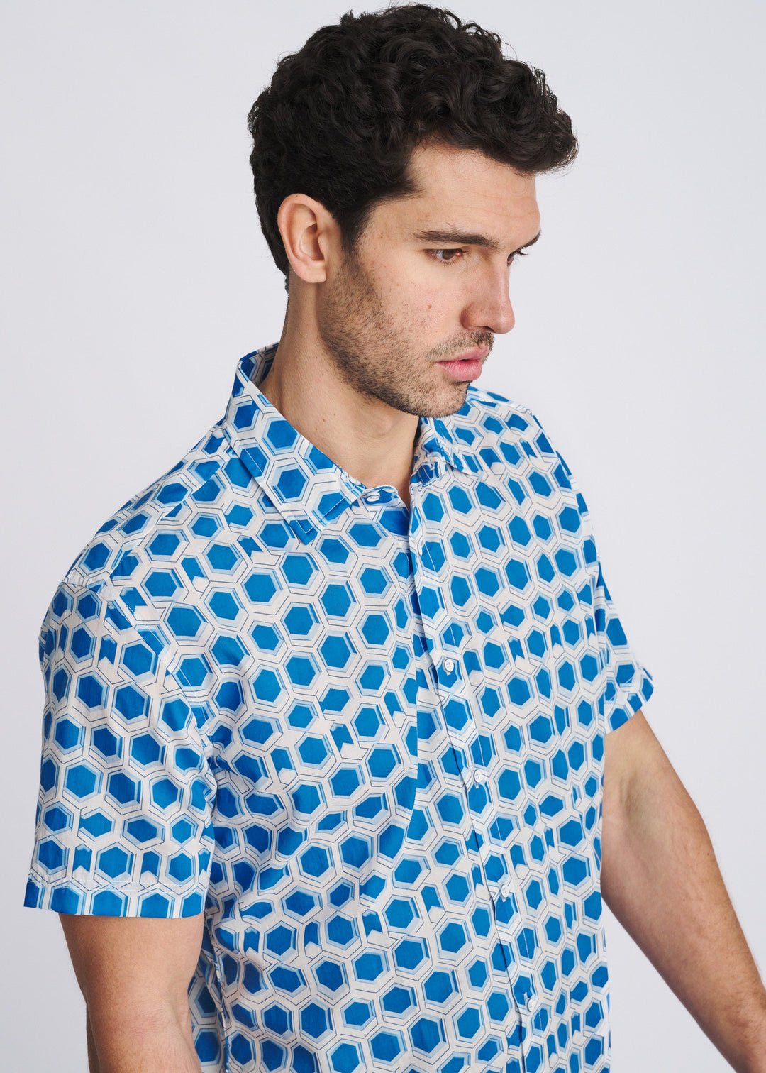Cobalt/Sky Hex Printed Lightweight Cotton/Tencel Short Sleeve Woven Shirt Pm-47059
