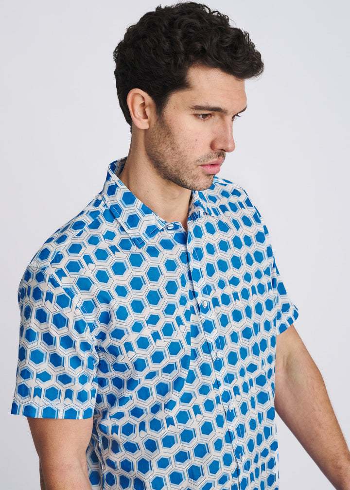 Cobalt/Sky Hex Printed Lightweight Cotton/Tencel Short Sleeve Woven Shirt Pm-47059