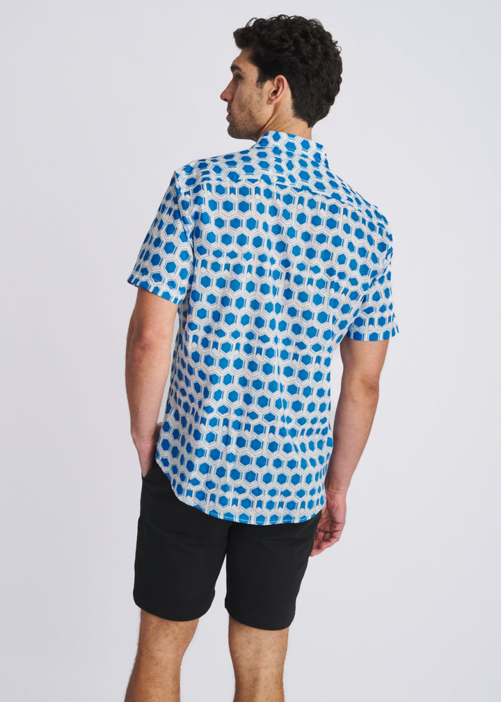 Cobalt/Sky Hex Printed Lightweight Cotton/Tencel Short Sleeve Woven Shirt Pm-47059