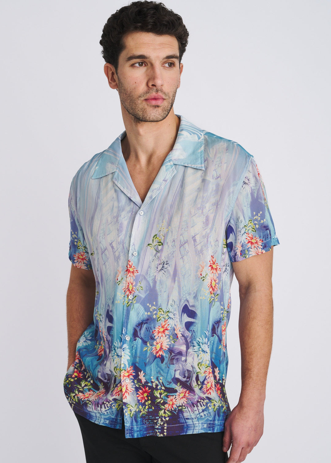 Cobalt/Turquoise Floral Printed Short Sleeve Woven Modal Border Shirt Pm-49032