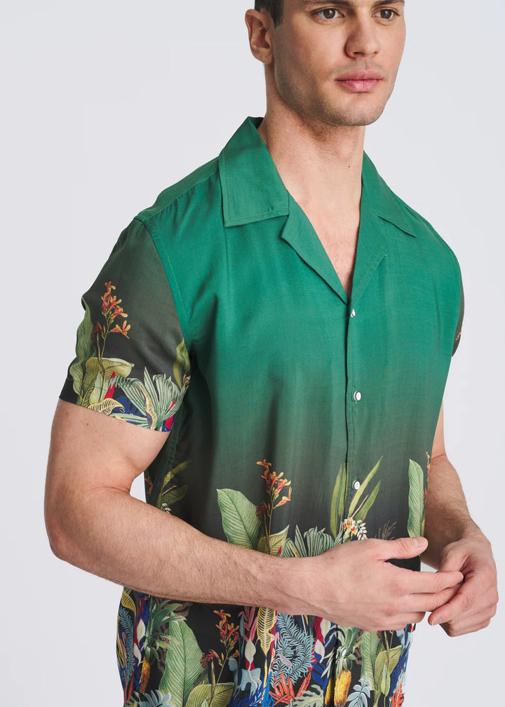 Emerald/Multi Fauna Printed Short Sleeve Woven Modal Border Shirt Pm-49035