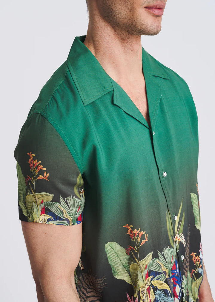 Emerald/Multi Fauna Printed Short Sleeve Woven Modal Border Shirt Pm-49035